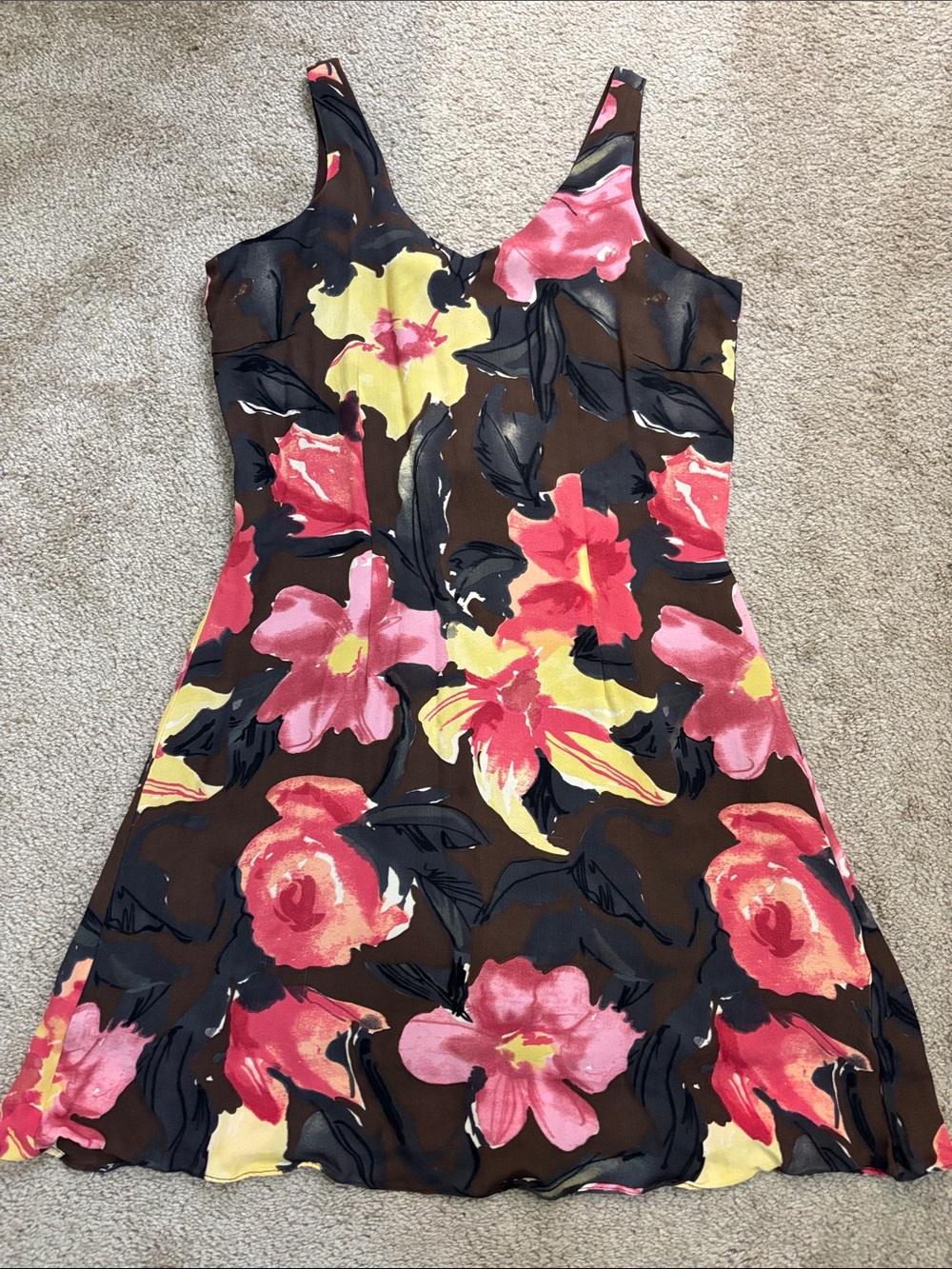 Ann Taylor Vintage SilkFloral V-Neck Mini Dress in Brown, Pink and Yellow Size 4